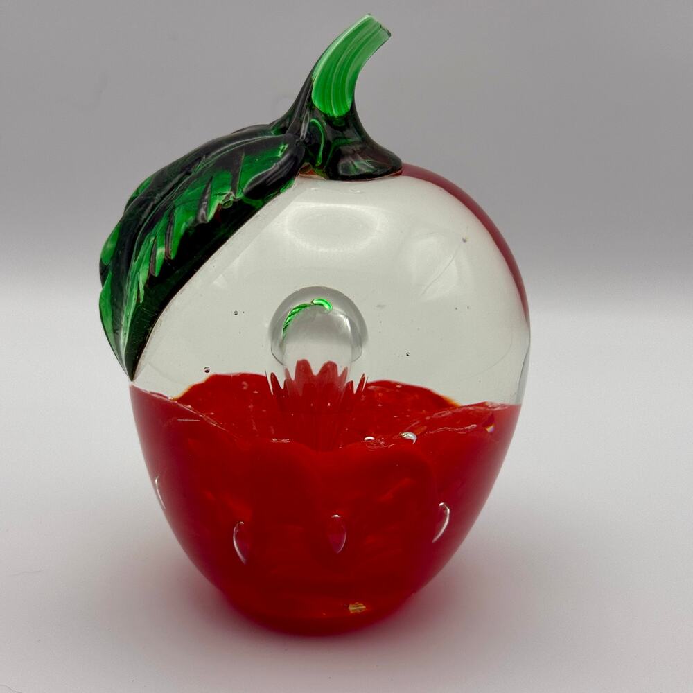 Vintage Joe St Clair Art Glass Apple Paperweight Red Flower Green Leaf Signed